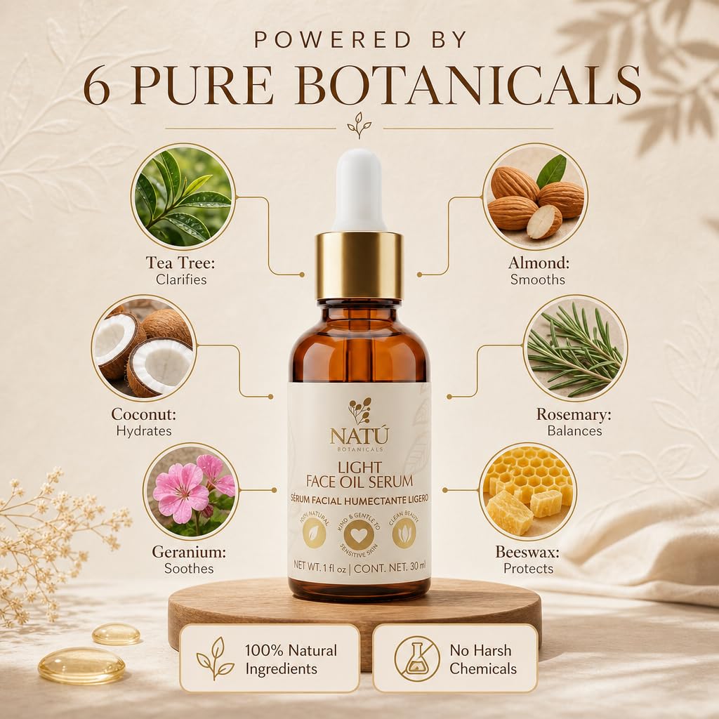 Hydrating Light Face Oil Serum for Oily & Combination Skin – No Buildup, No Clogs, No Greasy Feel - Facial Oils with Tea Tree, Coconut Oil, Vitamin E from Sweet Almond - All Natural 1 fl oz