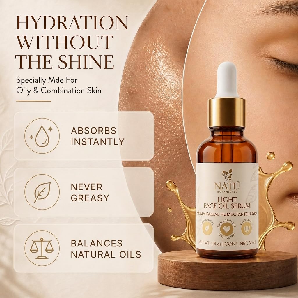 Hydrating Light Face Oil Serum for Oily & Combination Skin – No Buildup, No Clogs, No Greasy Feel - Facial Oils with Tea Tree, Coconut Oil, Vitamin E from Sweet Almond - All Natural 1 fl oz
