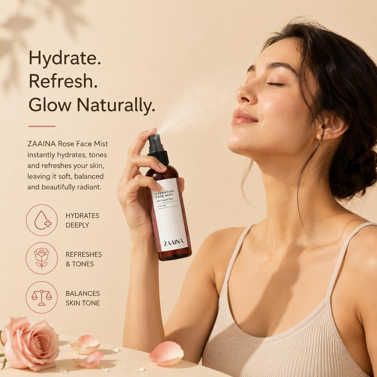 Organic Rose Water Spray with Aloe Vera for Face & Hair – Hydrating Facial Mist & Toner for Skin Care, Makeup Setting & Locs – Refreshing Pure Rose Water Mist, 4 Oz