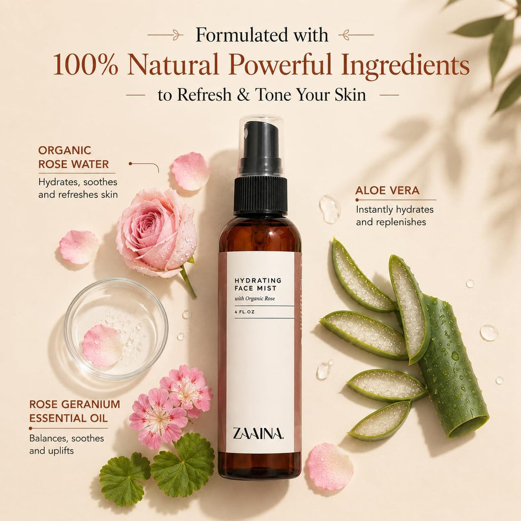 Organic Rose Water Spray with Aloe Vera for Face & Hair – Hydrating Facial Mist & Toner for Skin Care, Makeup Setting & Locs – Refreshing Pure Rose Water Mist, 4 Oz